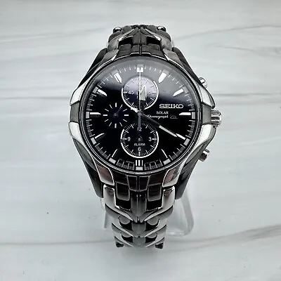 Seiko Mens Solar Chronograph Black & Silver Stainless Steel 43mm Watch V172-0AK0 • $189.95