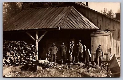 Postcard Maquoketa Iowa Workers Posing At Lumber Mill? RPPC • $39.95