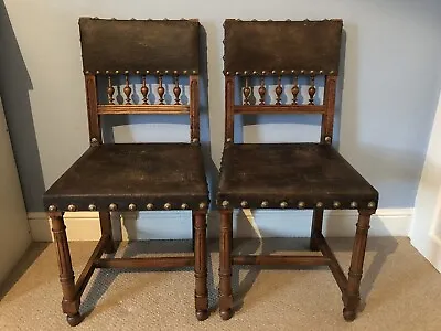 Pair Of Vintage Oak & Leather Hall Chairs Dining Chair With Brass Studs • £84.99