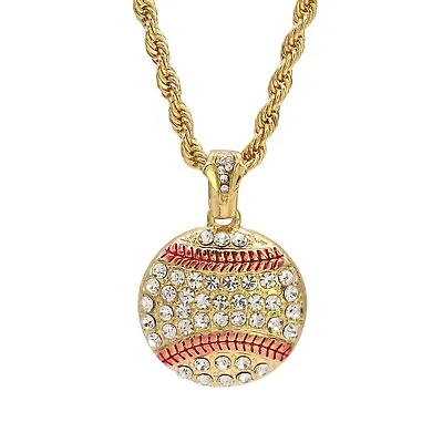 Baseball Pendant Iced Cubic-Zirconia 24  Rope Chain 18k Gold Plated Hip Hop • $12.99