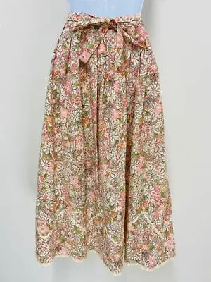 Vintage Skirt Size 12 Cream Floral Cotton Long Pleated Summer Pockets Belt  • £41.65