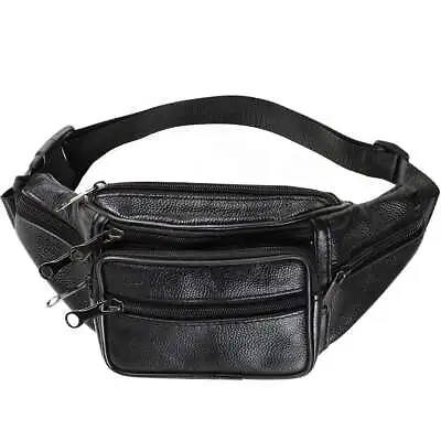 Genuine Leather Fanny Pack Multi Zippered Waist Bag Hip Belt Purse Black Pouch • $8.99