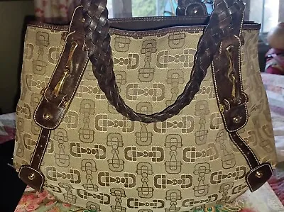 Gucci Brown Tan Horsebit Lrg Canvas & Leather  Hobo Tote Shop Travel Bag • $225