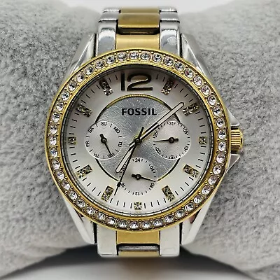 Fossil Riley Watch Women Chronograph Two Tone Pave ES3204 38mm New Battery • $24.95
