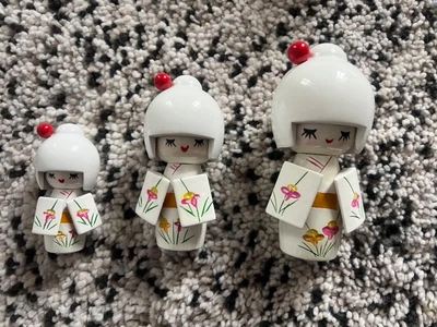 £21.95 • Buy Set Of 3 Japanese Girls Kokeshi Wooden Pattern Kimono Dolls With Hairpin - WHITE
