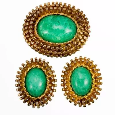 Heavy Faux Jade Gold Glass Brooch & Earrings Set Mazer? Or Hobe? VINTAGE 60's • $159