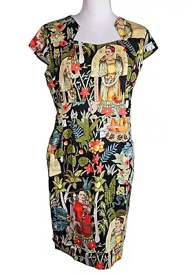 Grace Karin Frida Kahlo Pencil Dress Sz L 50s Pinup Retro Tropical Art To Wear • $39.97