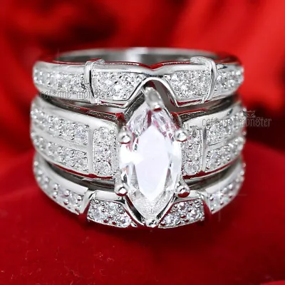 S925 Silver Sp Vintage Marquise Crystal Band Engagement Wedding Bridal Rings Set • $10.90