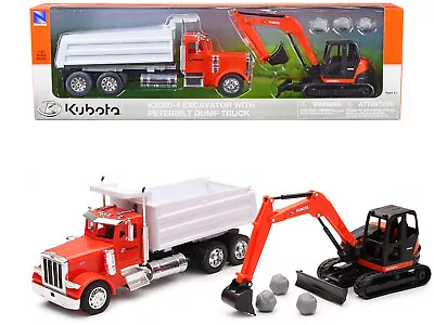 Peterbilt Dump Truck Orange And White And Kubota KX080-4 Excavator Orange And Bl • $58.99