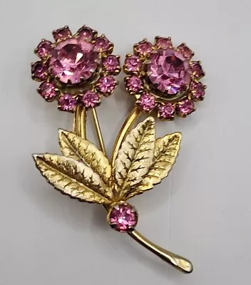 Vintage Pink Rhinestone Flower Brooch Gold Tone • $21.99
