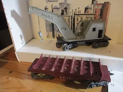 (2) VINTAGE MARX O GAUGE FREIGHT CARS-New York Central Crane Car & ERIE FLAT CAR • $24.99