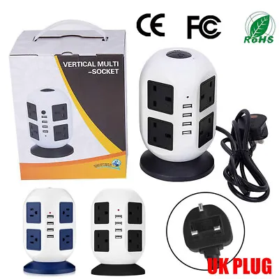 8 Way Tower Power Extension Lead With USB 3M UK Plug Multi Socket Surge Protect • £18.99