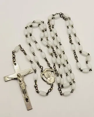 VINTAGE INRI Rosary White SQUARE Beads Silver Tone Cross Religious 21  † • $26.99