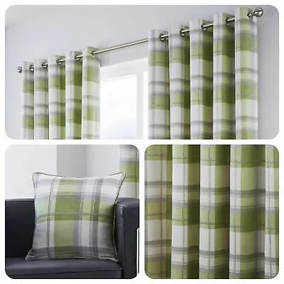 100% Cotton Country Balmoral Check Green Lined Eyelet Curtains OR Cushions • £26.99