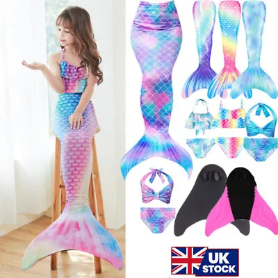 Kids Mermaid Tail With Monofin Swimmable Bikini Set Swimsuit Swimming Costume • £19.98