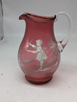 Vintage Fenton Mary Gregory Cranberry Hand Painted Art Glass Pitcher - No Chips • $102.53