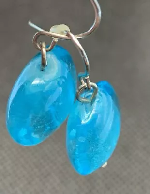 Vintage Pair Of Hoop Earrings Blue Aqua Glass Crystal Murano Style ￼Art Glass • $9.99