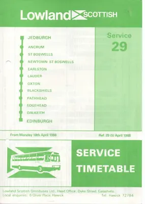 £4 • Buy Lowland Scottish Bus Timetable - 29 - Jedburgh-edinburgh - April 1988