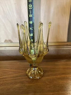 Vintage Viking Handkerchief Swung Vase Glass Amber 6 Petal Pedestal • $40