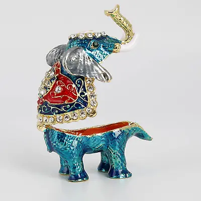 Small Blue Elephant Trinket Box Hinged Jewerlry Boxes Hand Painted Elephant Figu • $12.79