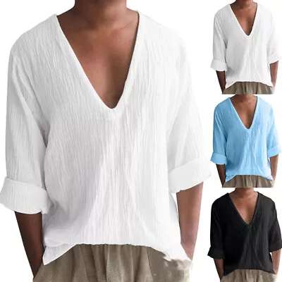 $14.47 • Buy Mens V Neck Boho Style Tee Oversize Tops Long Sleeve Pullover Linen Shirt Casual