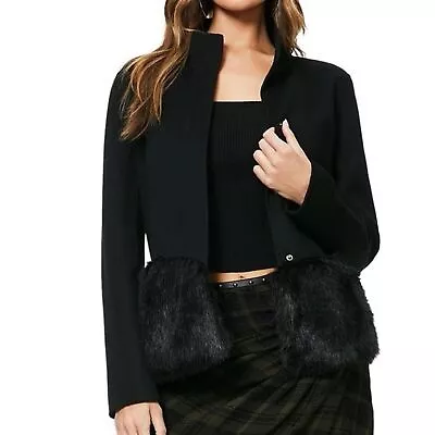 Ramy Brook Addison Black Wool Faux Fur Snap Coat Size M • $125