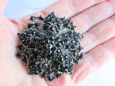 Black Rhinestone Flower 2  Brooch Pin Antiqued Silver Plate Mourning Domed • $15