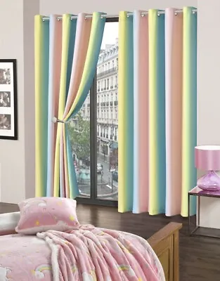 Light Reducing Rainbow Curtains Eyelet Ring Top Multicolour Pair Ready Made • £23.99