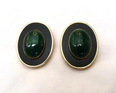 14k Gold Peter Brams Designs Green Malachite Black Onyx Classic Clip Earrings • $195