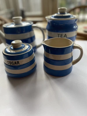 £50 • Buy Cornishware Blue And White Set - T G Green , Tea Caddy, Sugar Bowl And Milk Jug