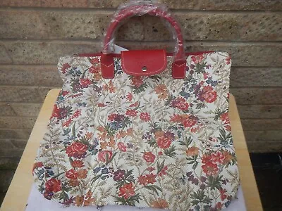 Signare Foldaway Tapestry Shopping Bag  Red  Va Inspired Flower Meadow  New • £14.99
