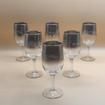 Dorothy Thorpe Silver Fade Etched Sherry Wine Glasses Vintage Set Of 6 Stemware • $24.72