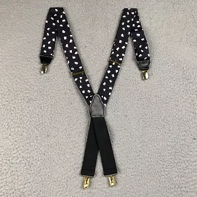 Mens Suspenders Braces Black & White Silk Four Gold Clips • $16.32