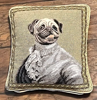 Vintage Petit Point / Needlepoint Pug Dog Pillow Wool  Velvet MAYFLOWER 10”x12” • $95.80