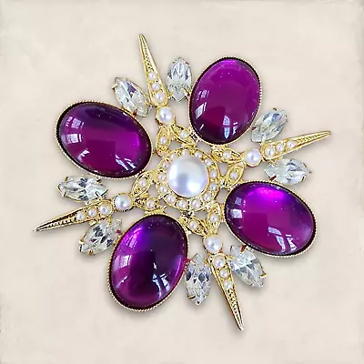 Genuine Retro Vintage 18K Gold Plated Glass Maltese Cross Brooch With Faux Pearl • $19.95