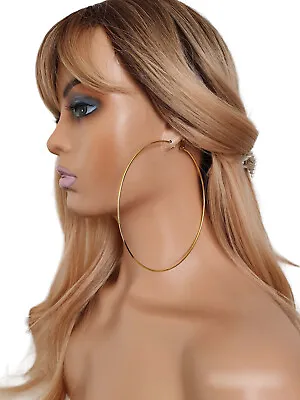 Gorgeous HUGE 12cm GOLD Tone BIG Plain Wire Hoop Earrings LARGE - MASSIVE HOOPS! • £3.95