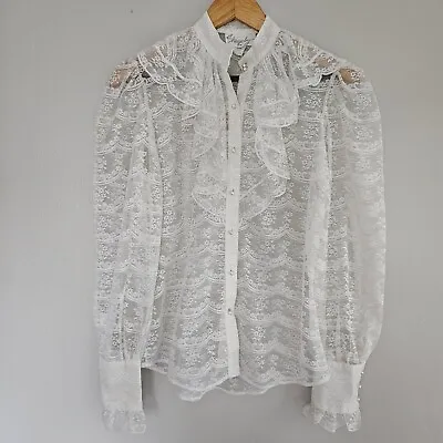 Vintage Shapely White Lace Pearl Button Down Blouse Edwardian Victorian Ruffle M • £57.41