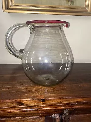 Mexican Hand Blown Art Glass Pitcher Red Top Rim Margarita Pitcher • $24.99