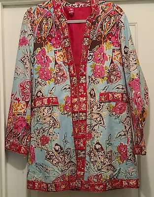 VTG Sandy Starkman Sequined Pink/Blue Floral Long Jacket Long Sleeve SZ XL Lined • $39.99