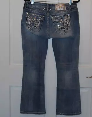 Miss Me Womens Easy Boot Cut Jeans Rhinestone Stretch Flare 32x27 Distress Faded • $32.99