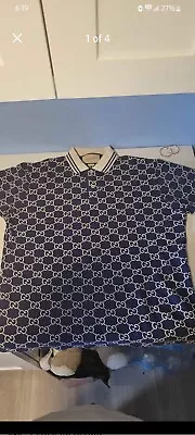 GUCCI GG Men’s MONOGRAM Logo All Over Stretch Cotton Polo Shirt Blue Cream LARGE • $650