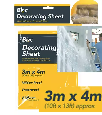 LARGE 3M X 4M CLEAR POLYTHENE DUST SHEET DIY FOIL PAINTING COVER FURNITURE • £2.99