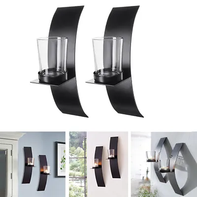 2Pcs Vintage Black Wall Mounted Candle Holders Metal Glass Sconce Candlestick • £9.95