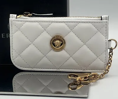 $700 Versace Medusa Quilted White Leather Zipper Card Case Wallet With Keychain • $295