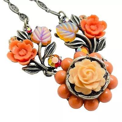 Vtg Mary Demarco Signed Silver Tone Faux Coral Roses Flower Designer Necklace • $29.99