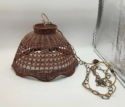 Vintage Wicker Rattan Hanging Shade Lamp Light Mid Century Mod Woven Works Boho • $118.49