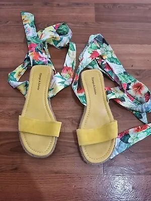 DJANGO AND JULIETTE Size 39 Yellow Leather Espadrille Satin Ankle Tie • $59.95