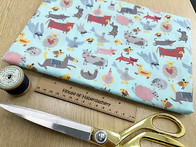 FABRIC REMNANT - Cute Farm Animals Blue Childrens Polycotton Fabric - 2m Length • £8.49