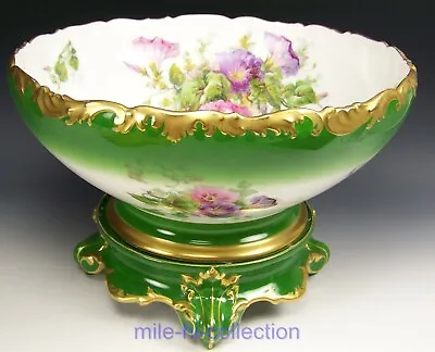 Fabulous Limoges Hand Painted Morning Glory Green Punch Bowl & Base Set  • $1299.99