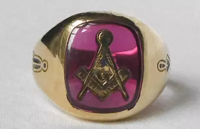 Vintage 10k Gold Freemason Masonic Lab Created Ruby Mens Ring Compass Trowel • $399